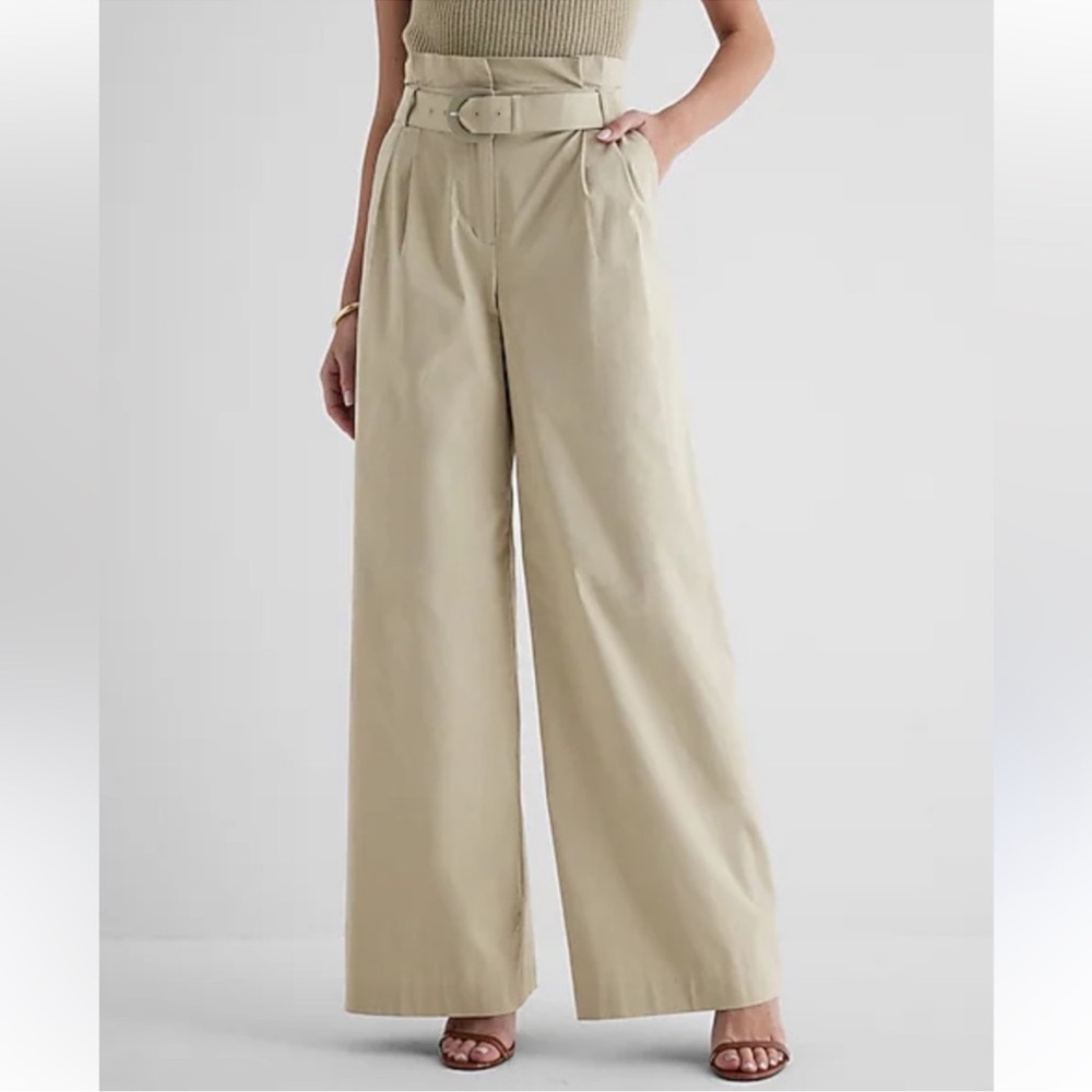 Express Super High Belted Paperbag Wide Leg Pant in Sage